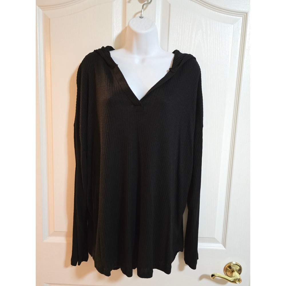 Justify Black Ribbed V Neck‎ Long Sleeve Hooded Top Plus Size 1X /0237